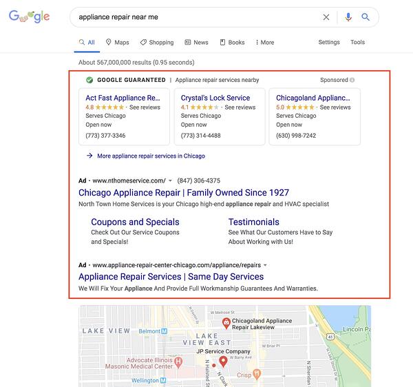 exemplo de anúncio de pesquisa paga de "reparo de eletrodomésticos perto de mim" no google serp