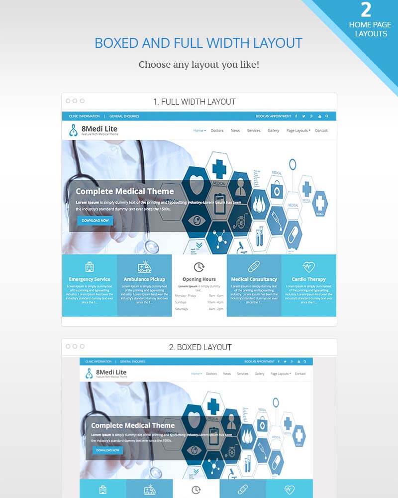 Tema medico e sanitario WordPress reattivo e gratuito ricco di funzionalità - EightMedi Lite Full width or boxed layout - EightMedi Lite