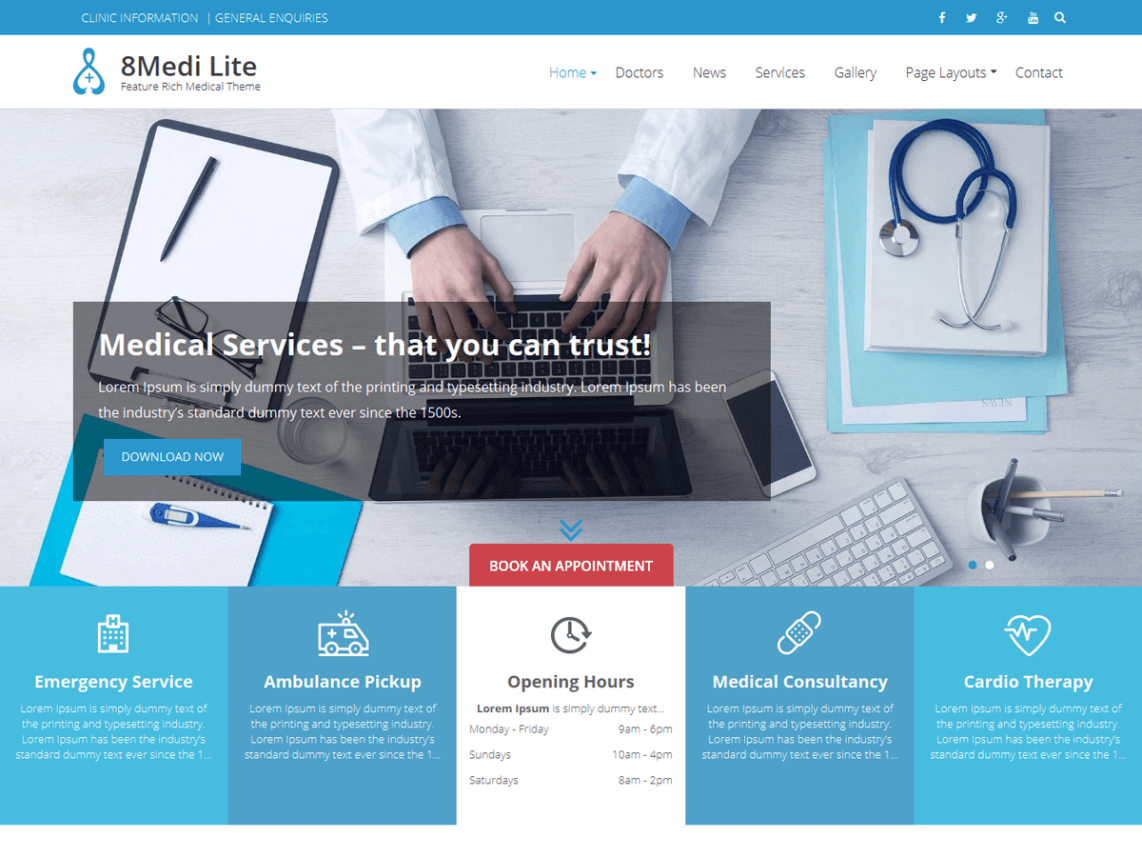 Tema medico e sanitario WordPress reattivo e gratuito ricco di funzionalità - EightMedi Lite EightMedi Lite - FREE WordPress Medical Theme