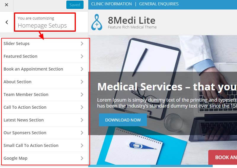 Tema medico e sanitario WordPress reattivo e gratuito ricco di funzionalità - EightMedi Lite Highly Configurable homepage - EightMedi Lite