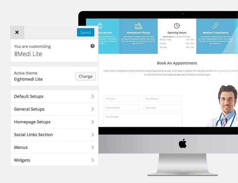 Tema medico e sanitario WordPress reattivo e gratuito ricco di funzionalità - EightMedi Lite WordPress Customizer - EightMedi Lite WP medical theme
