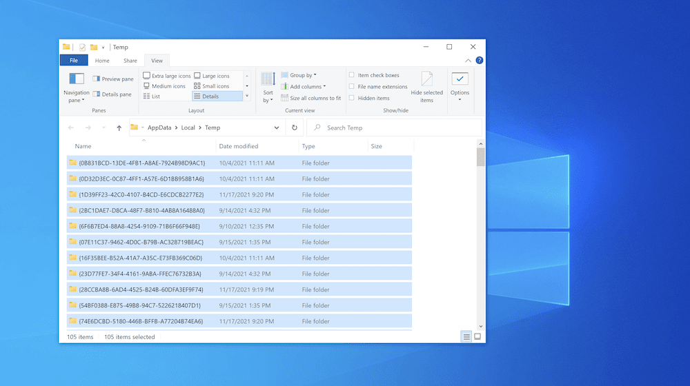 选中所有文件的 Windows Temp 文件夹。