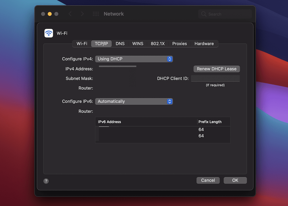 网络页面中的 TCP/IP 屏幕。