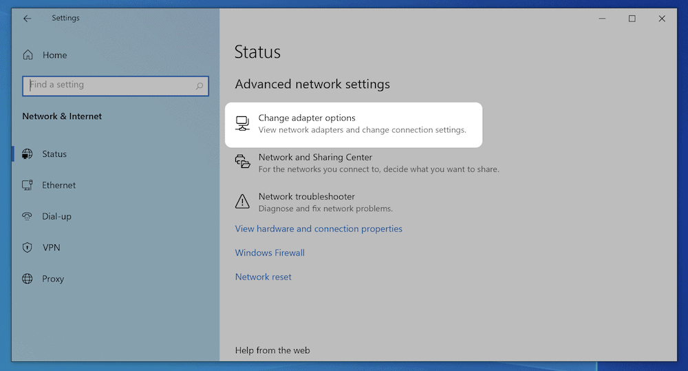 在 Windows 的高级网络选项中选择更改适配器选项设置。