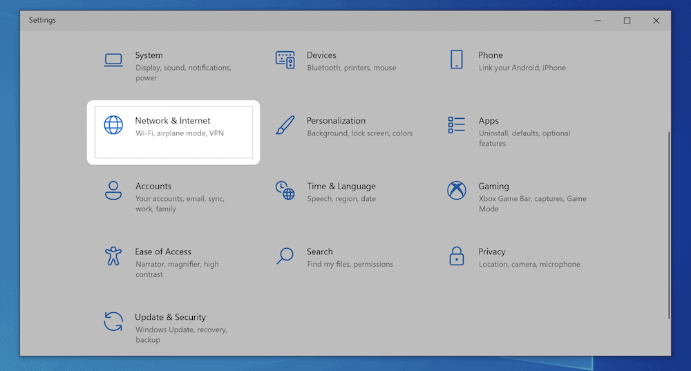 Windows 设置中的网络和 Internet 选项。