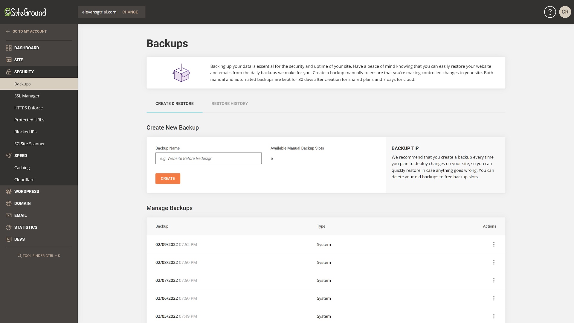 Interfaccia di backup di SiteGround