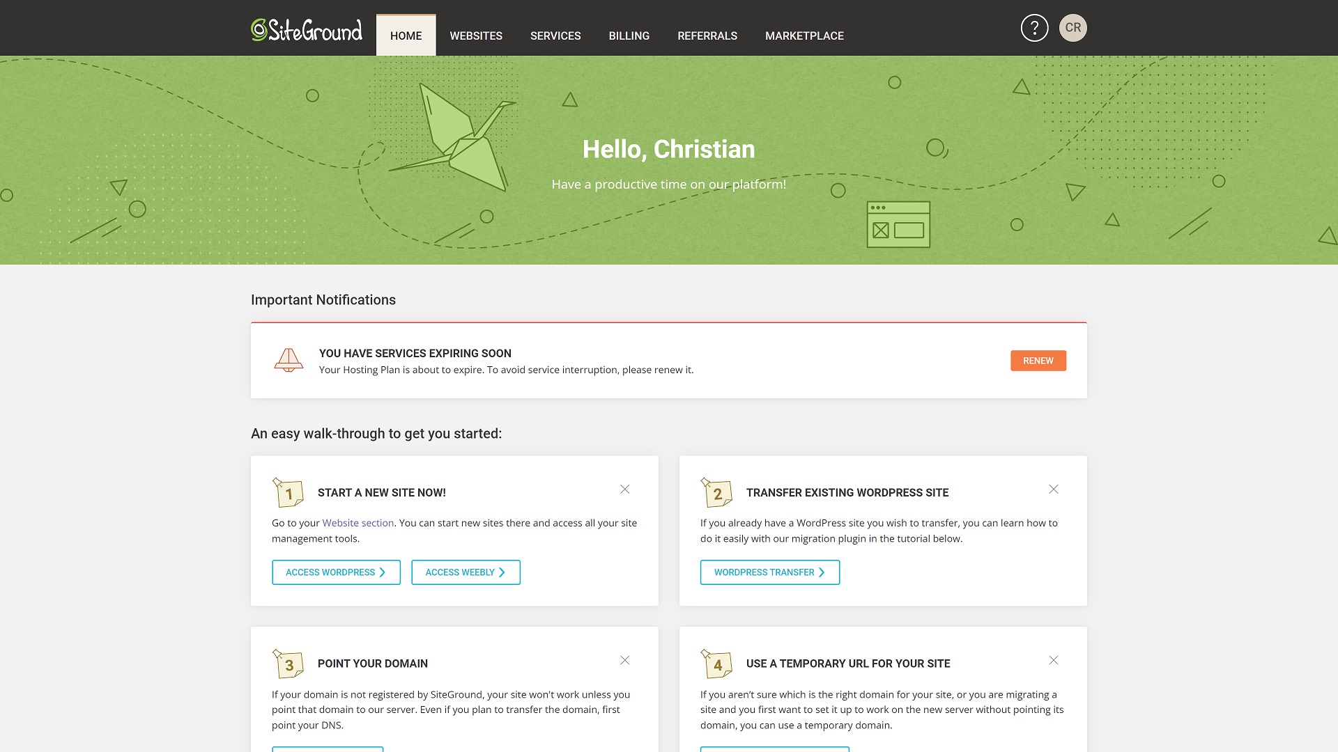Dashboard di gestione di SiteGround