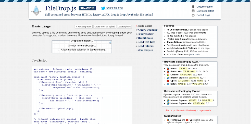FileDrop.js démo autonome HTML5 AJAX téléchargement de fichiers par glisser-déposer