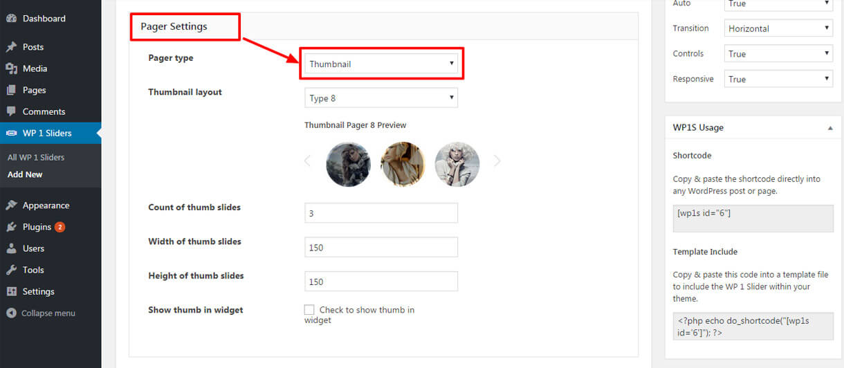 Miglior plug-in di scorrimento WordPress reattivo gratuito 2022 - WP 1 Slider pager-setting