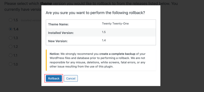 cofnij motyw jesteś pewien WP Rollback Will Display a Warning Message
