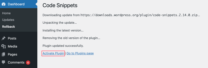 rollbackactivateplugin WP Rollback Will Download and Install the Previous Version