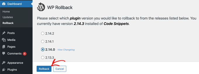 rollbackwprollbackpage Select a Version to Rollback To