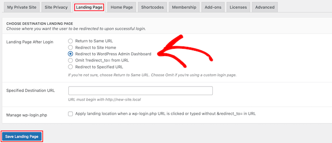 Opcje przekierowania strony docelowej Landing page redirection options