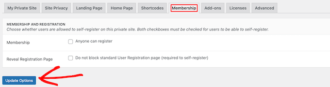 Opcje rejestracji użytkownika na prywatnym blogu User registration options on private blog
