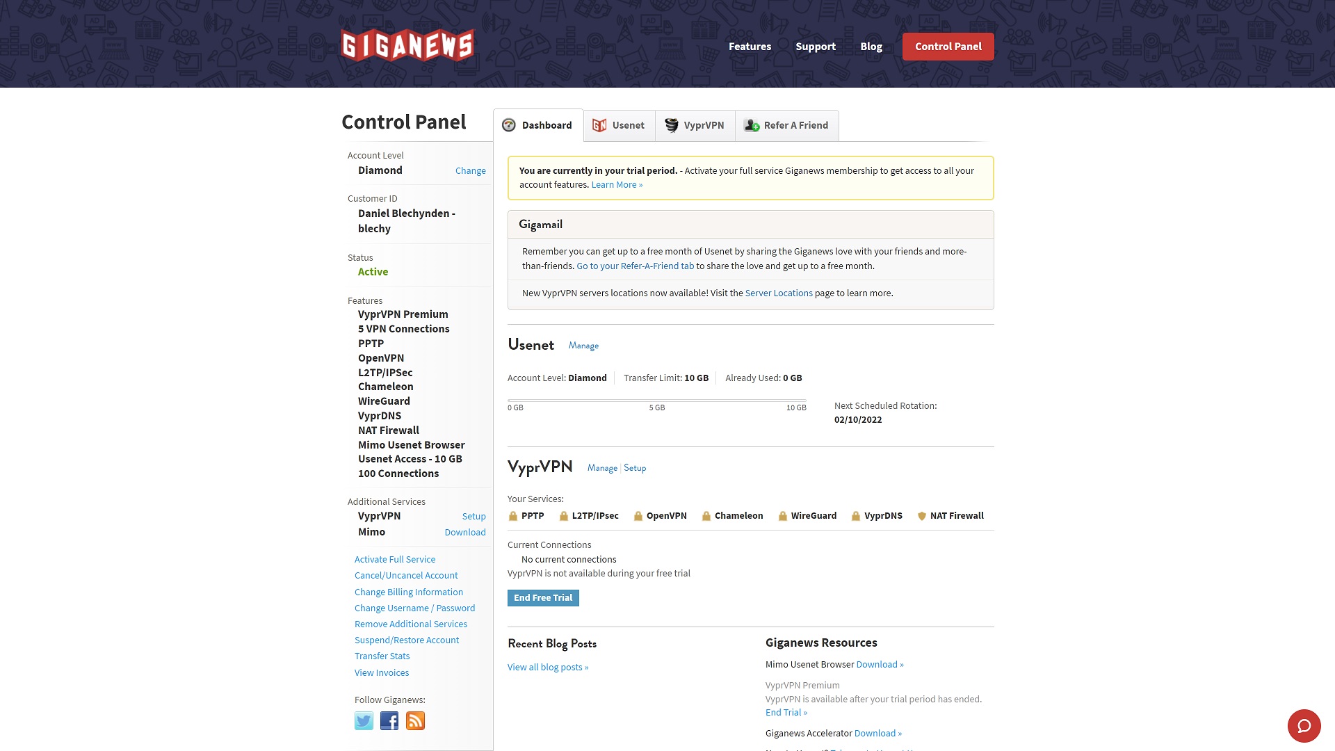 Haupt-Dashboard von Giganews