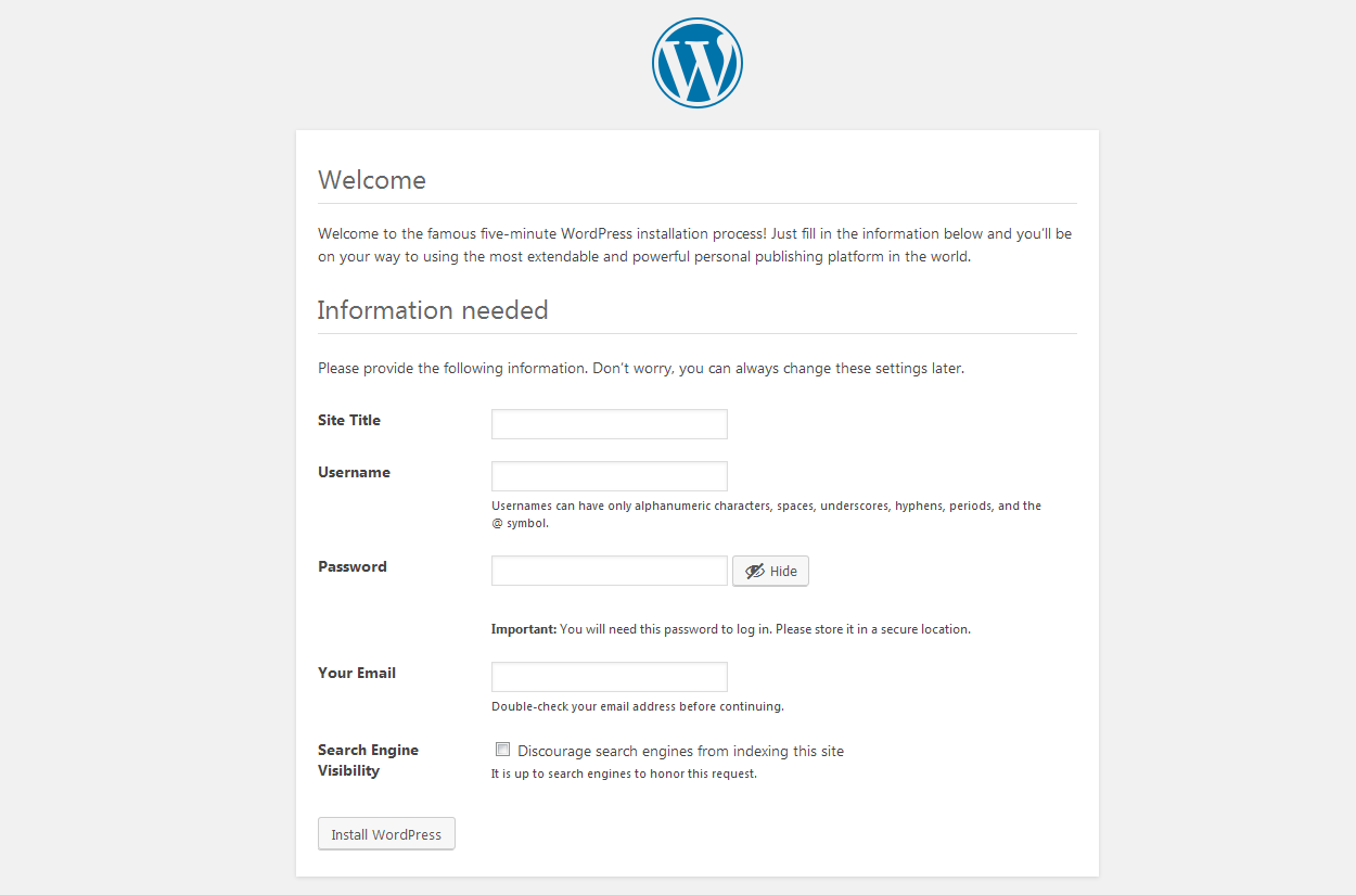 Come installare WordPress sul tuo computer Windows installation-form