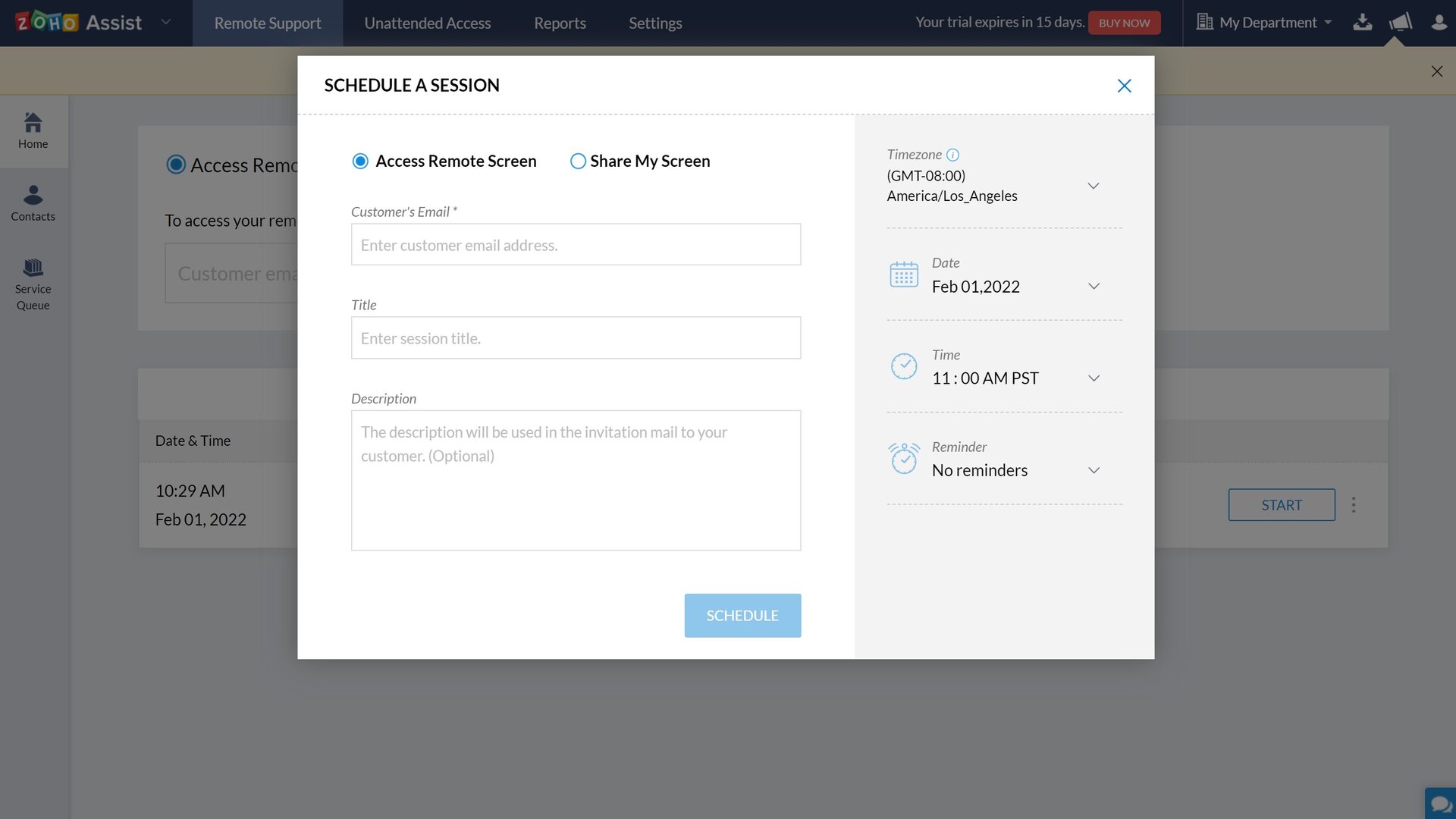 Planen einer Remote-Support-Sitzung in Zoho Assist