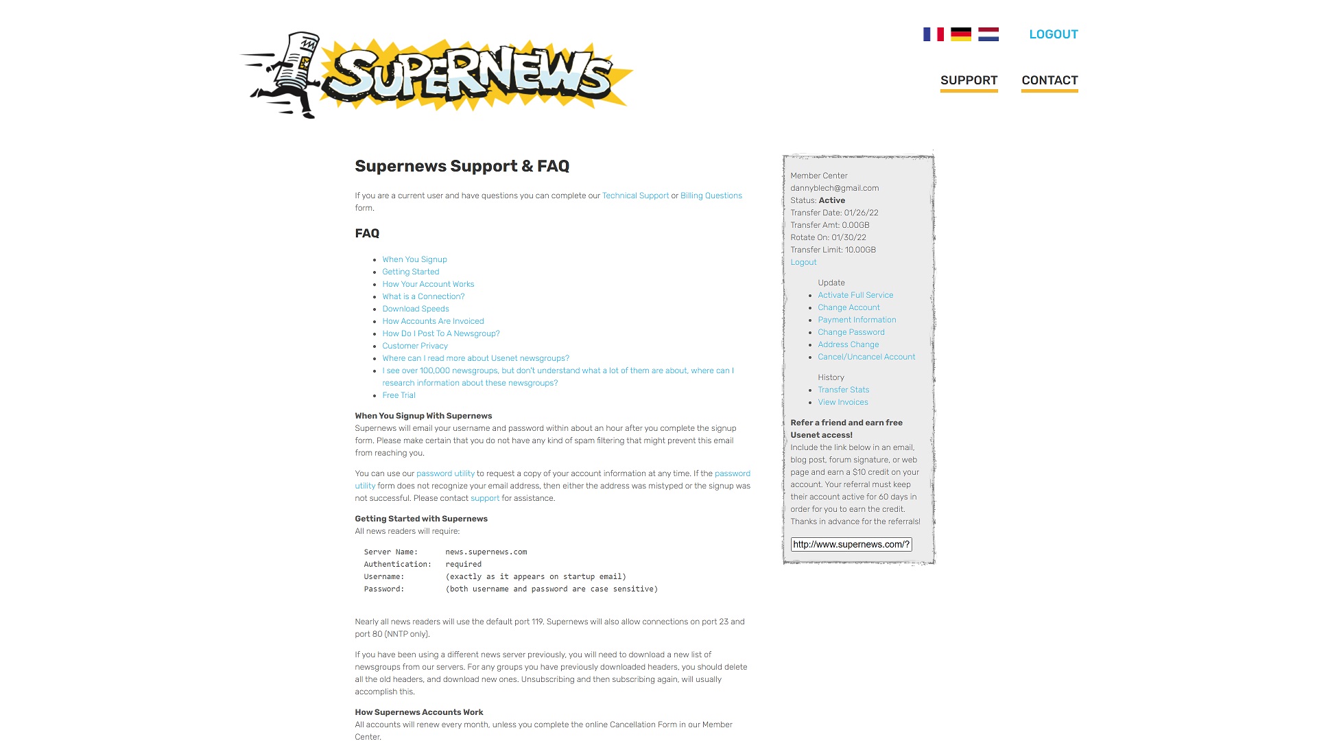 Capture d'écran du tableau de bord SuperNews