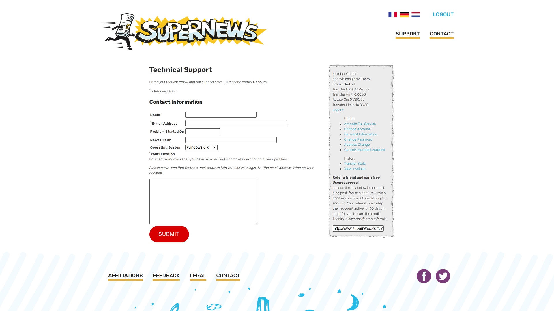 Capture d'écran du formulaire de contact SuperNews