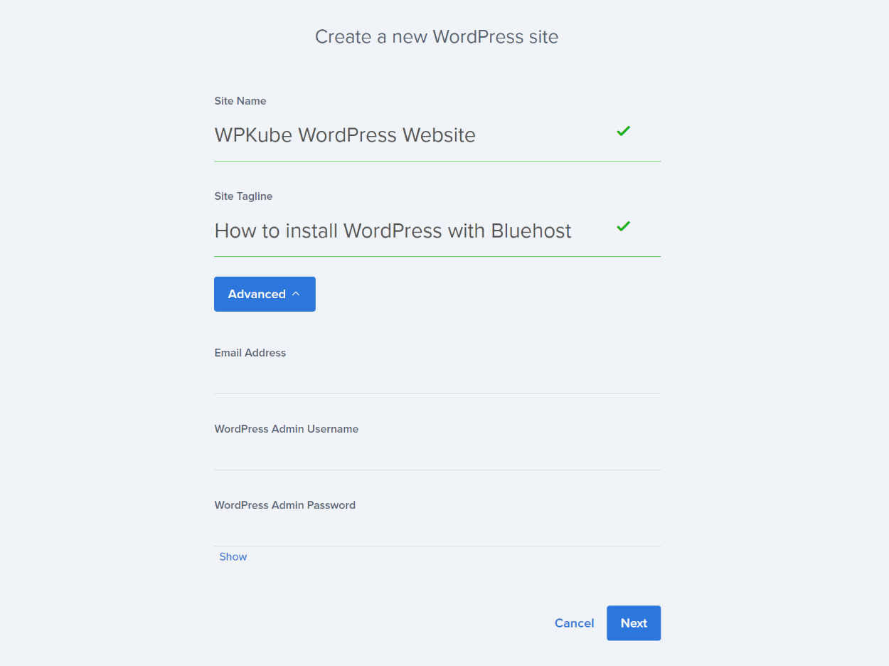 إدخال تفاصيل تثبيت WordPress