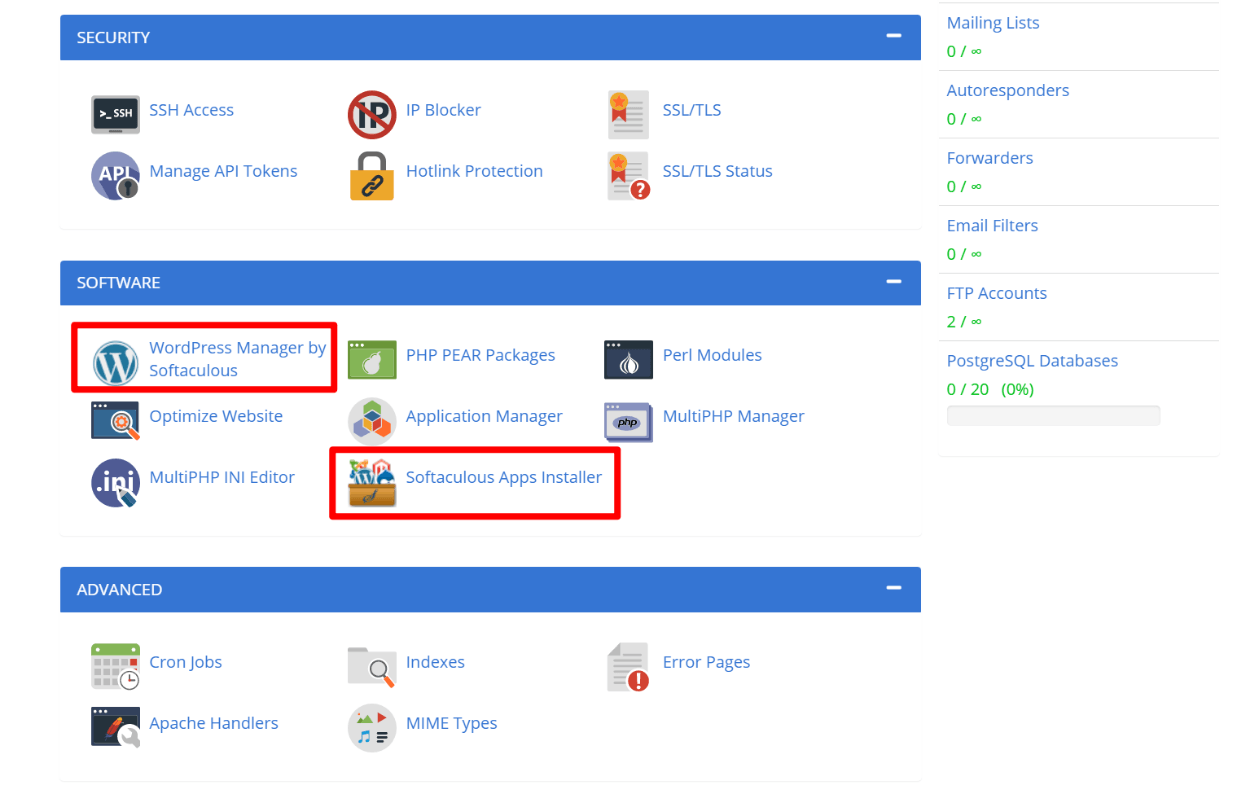 مثبتات WordPress في cPanel