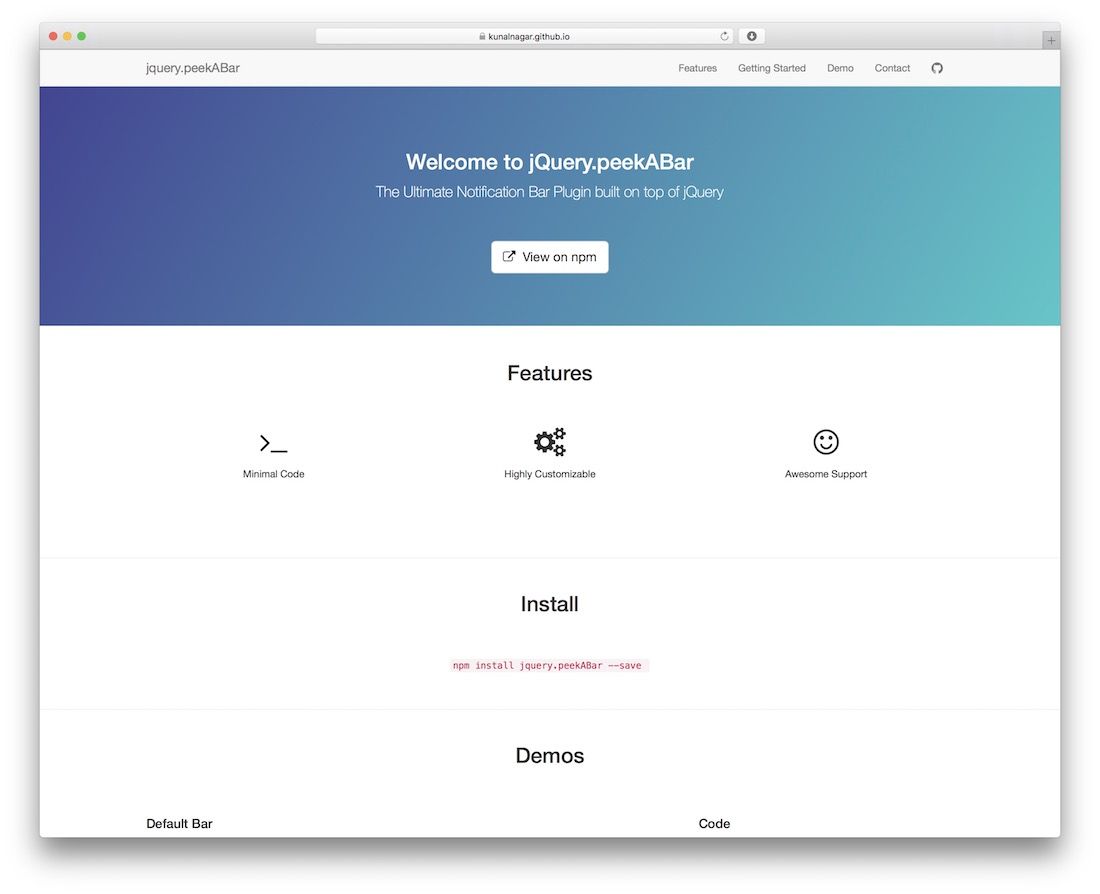 plugin pemberitahuan peekabar jquery