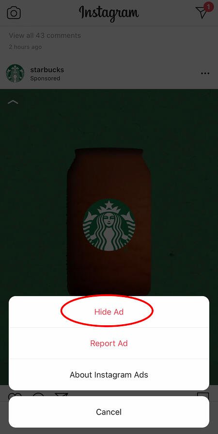 cacher une pub starbucks sur instagram