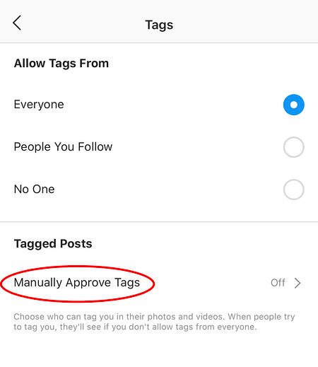 cliquez sur approuver manuellement les tags pour masquer les photos sur lesquelles vous êtes tagué