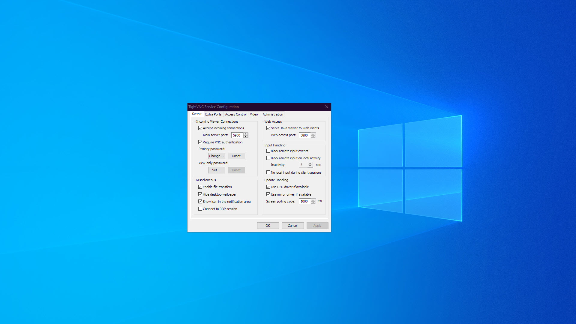 لقطة شاشة لإعدادات تكوين خادم TightVNC