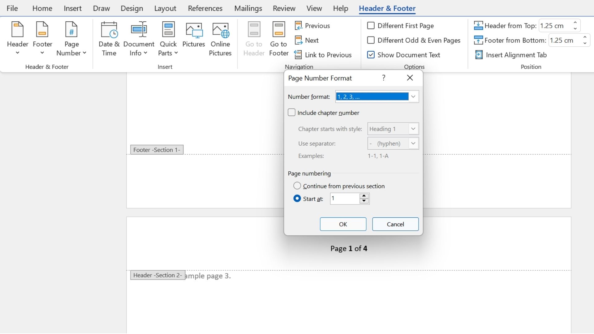 Zrzut ekranu menu Format numeru strony w programie Microsoft Word