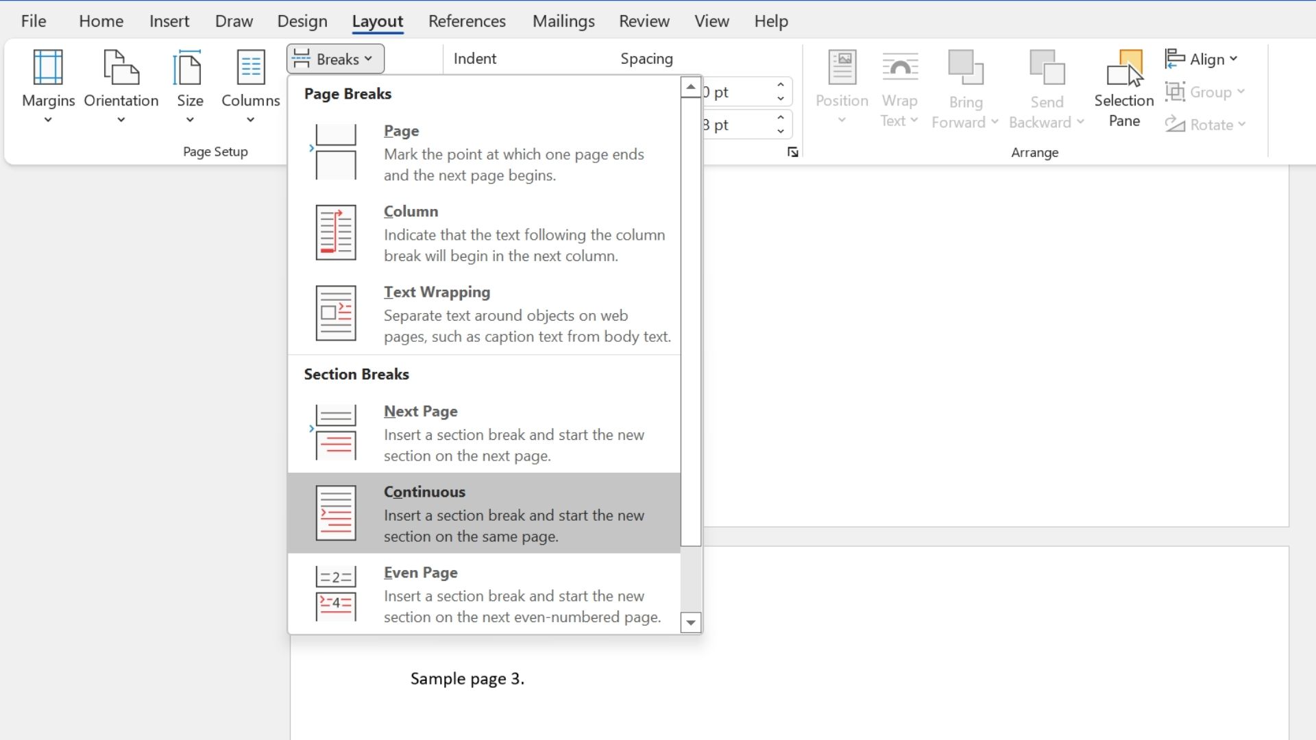 Zrzut ekranu menu podziałów sekcji w programie Microsoft Word