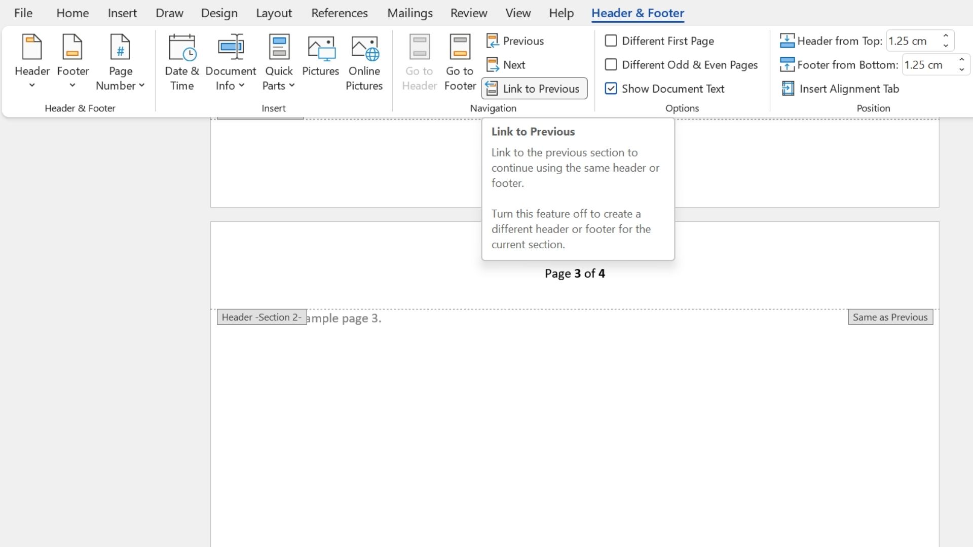 Zrzut ekranu opcji Link do poprzedniego w programie Microsoft Word