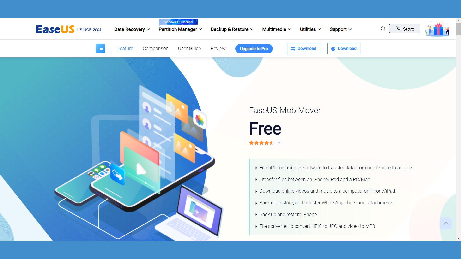 EaseUSWebサイトのMobiMoverページのスクリーンショット
