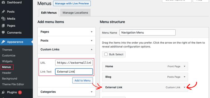 nofollowmenusmethod1addtomenu Enter the URL and Link Text and Click on 'Add to Menu' Button