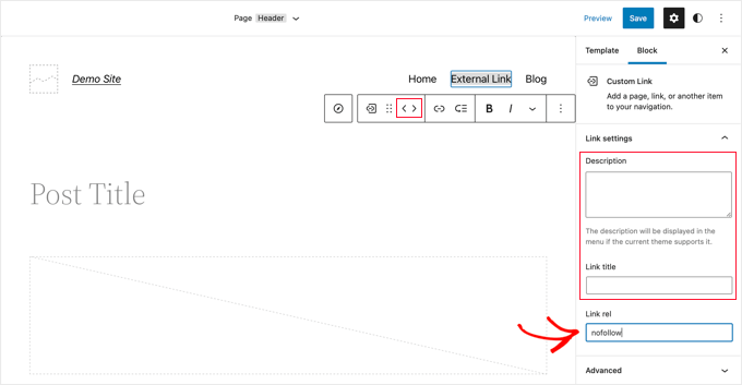 nofollowmenusmethod2linkrel Type nofollow in the Link Rel Field