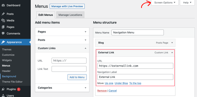 nofollowmenusmethod1screenoptions Click on Screen Options at the Top of the Screen