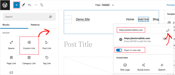 nofollowmenusmethod2addcustomlinkblock Drag a Custom Link Block Onto the Navigation Menu