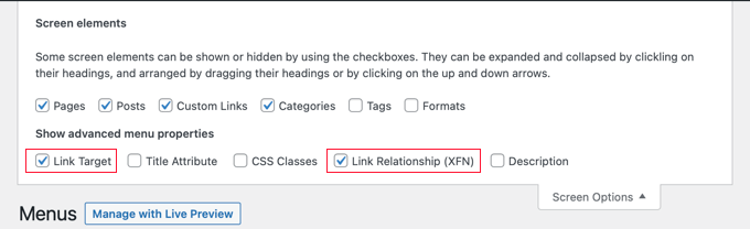 nofollowmenusmethod1screenoptionscheckboxes Check Link Relationships and Link Target in Screen Options