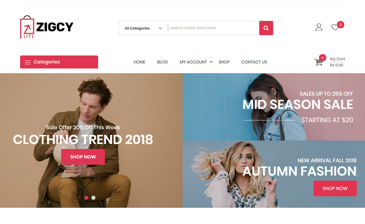 10+ migliori temi gratuiti per eCommerce/Negozio online/WooCommerce per WordPress per il 2022 Zigcy Lite - Free E-Commerce WordPress Theme