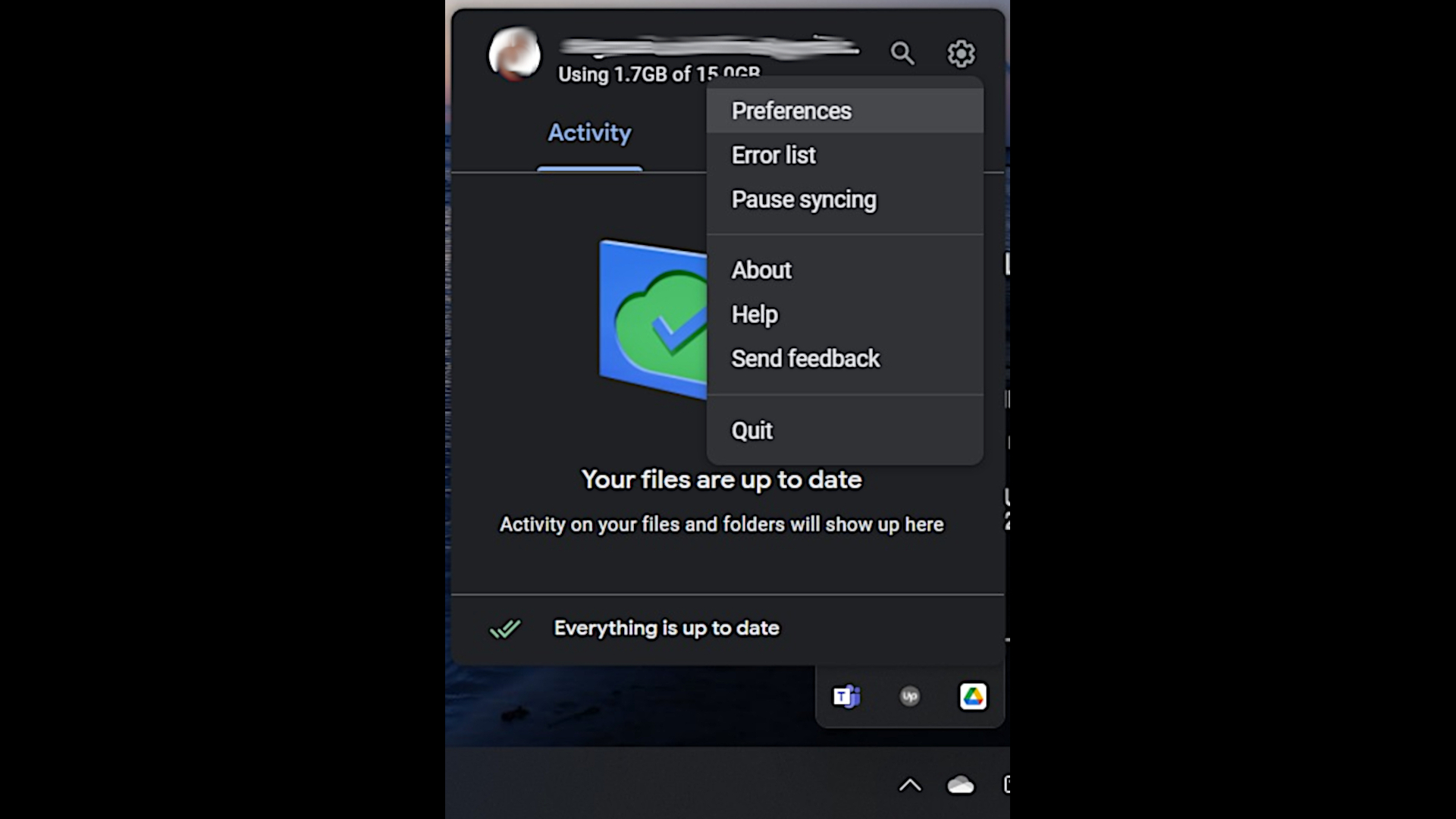 WindowsタスクバーからのGoogleドライブのオプションの画像