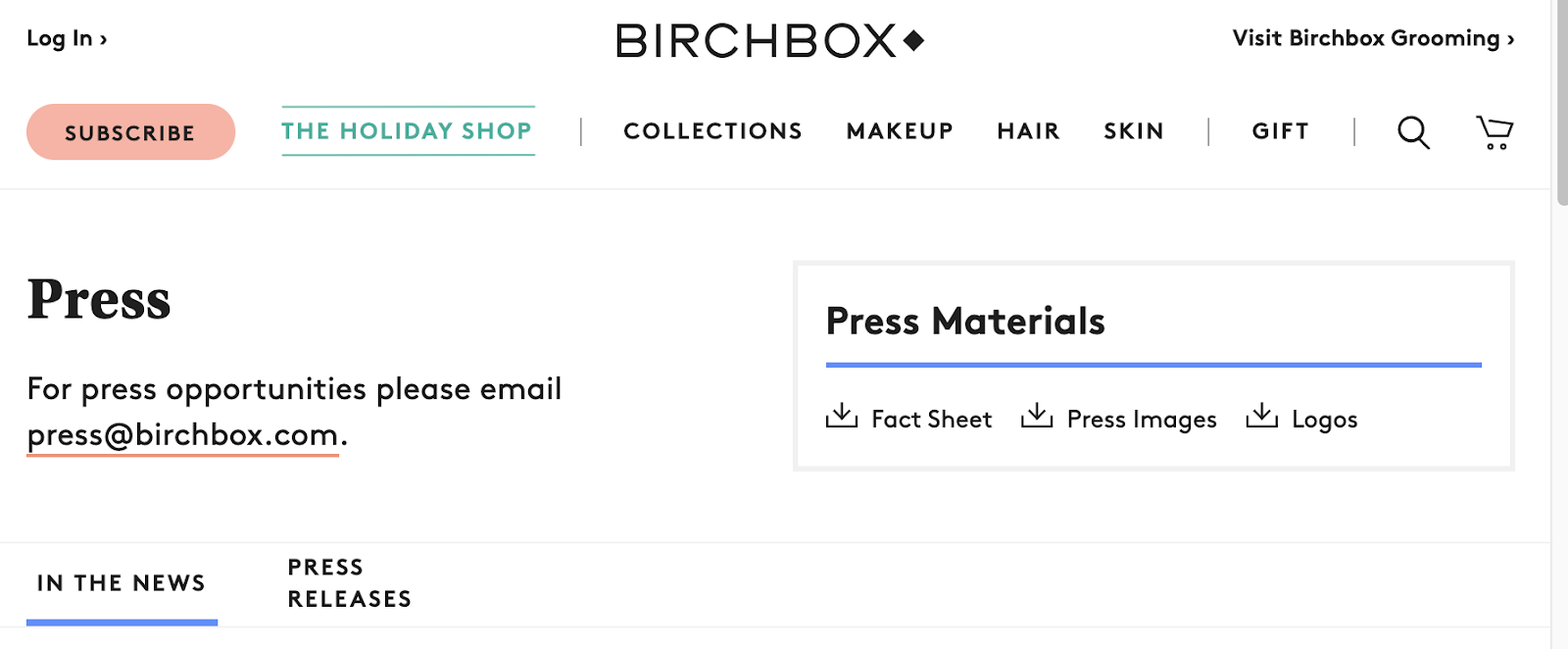 birchboxのメディアキットのホームページ