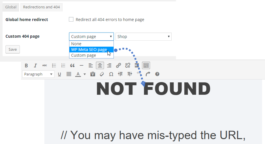 WP Meta SEO - Una soluzione SEO completa per siti Web WordPress WP Meta SEO Feature 404 custom page
