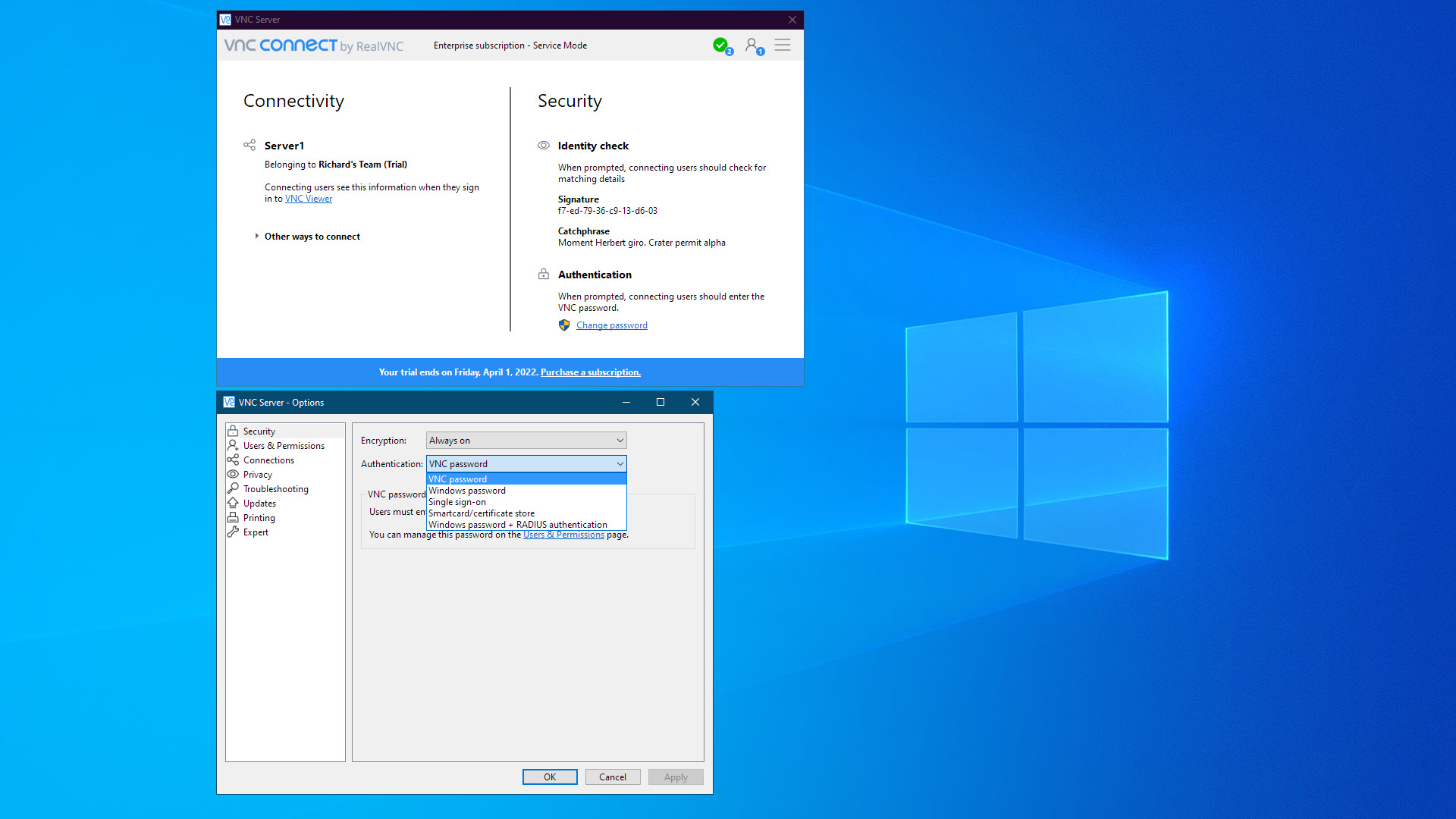 VNCConnectのセキュリティ設定ページのスクリーンショット