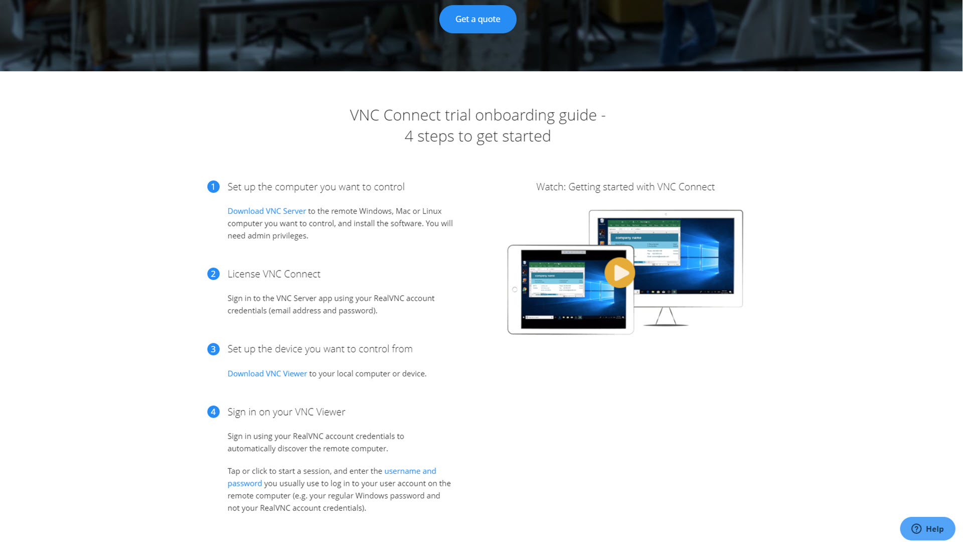 VNCConnectのオンボーディングプロセスのスクリーンショット