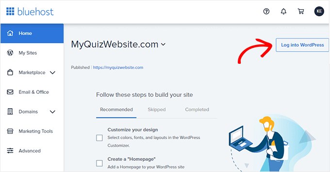 Dashboard Bluehost: accedi a WordPress