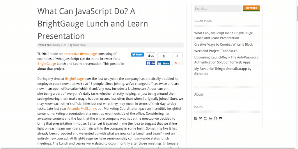 JavaScript가 BrightGauge 점심 및 프리젠테이션 학습을 할 수 있는 것