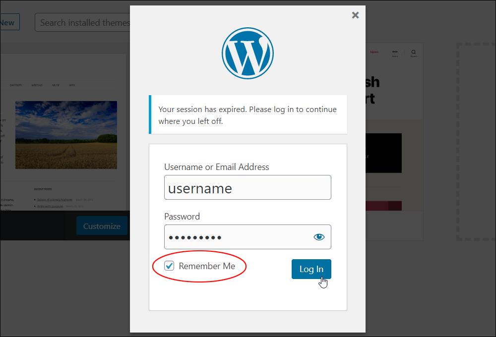 Casella di accesso di WordPress con Ricordami selezionato.