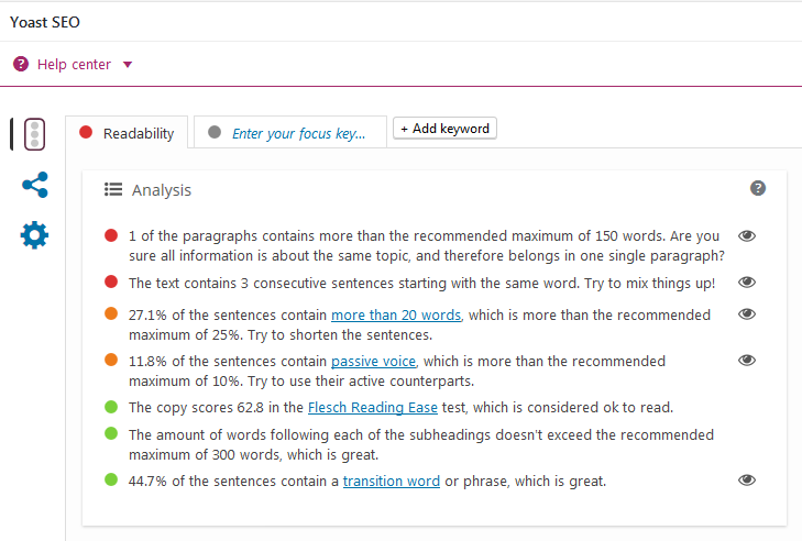 Yoast SEO – Per la creazione di un post sul blog SEO friendly Yoast SEO Feature - Readability Analysis