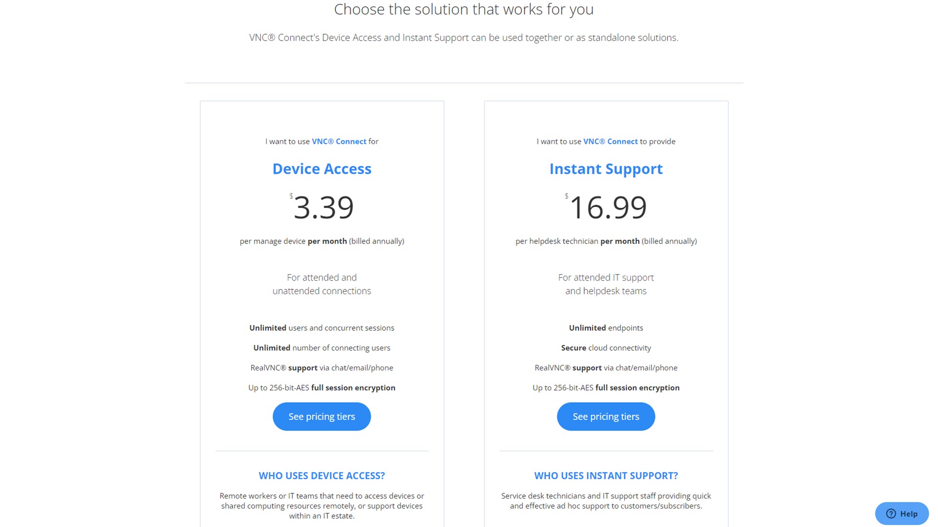 VNC Connect 定价页面的屏幕截图