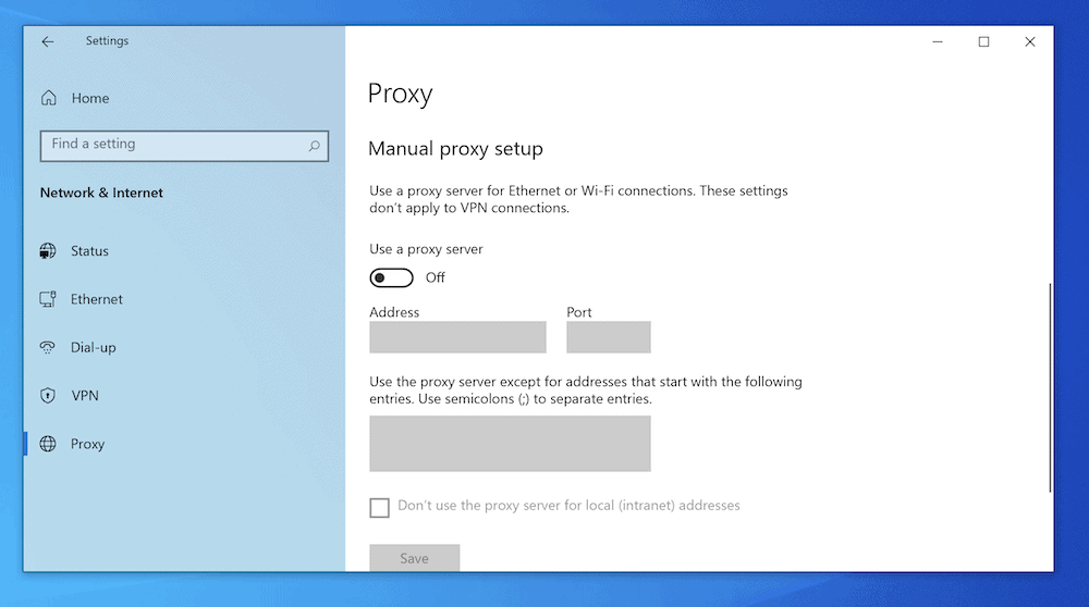 شاشة Windows Proxy.